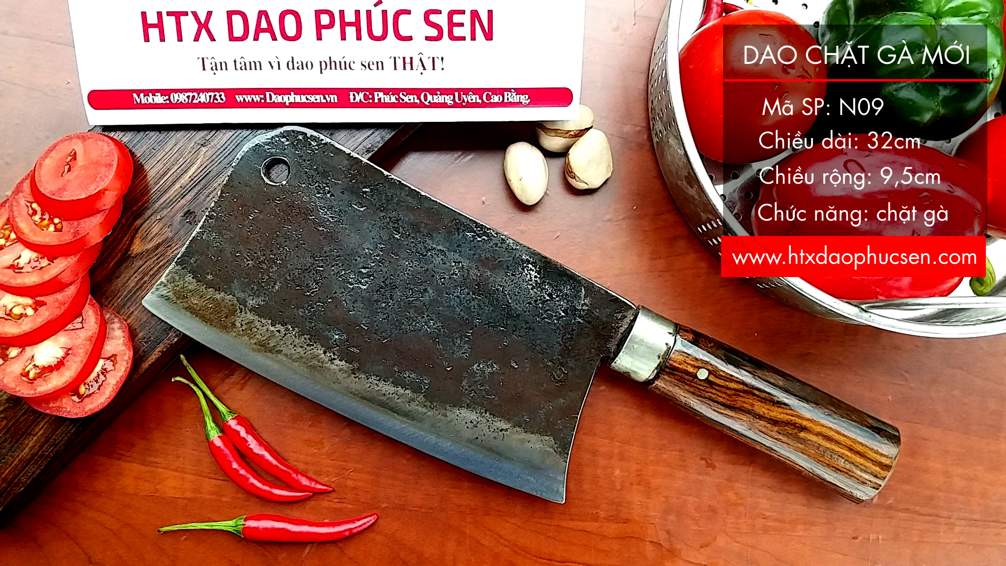 Dao chặt gà sắc bén - Thép nhíp ô tô - Cán cẩm khâu inox - N09 / HTX DAO PHÚC SEN